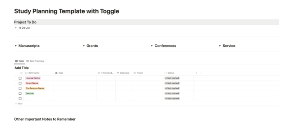 Study Planning Template with Toggle